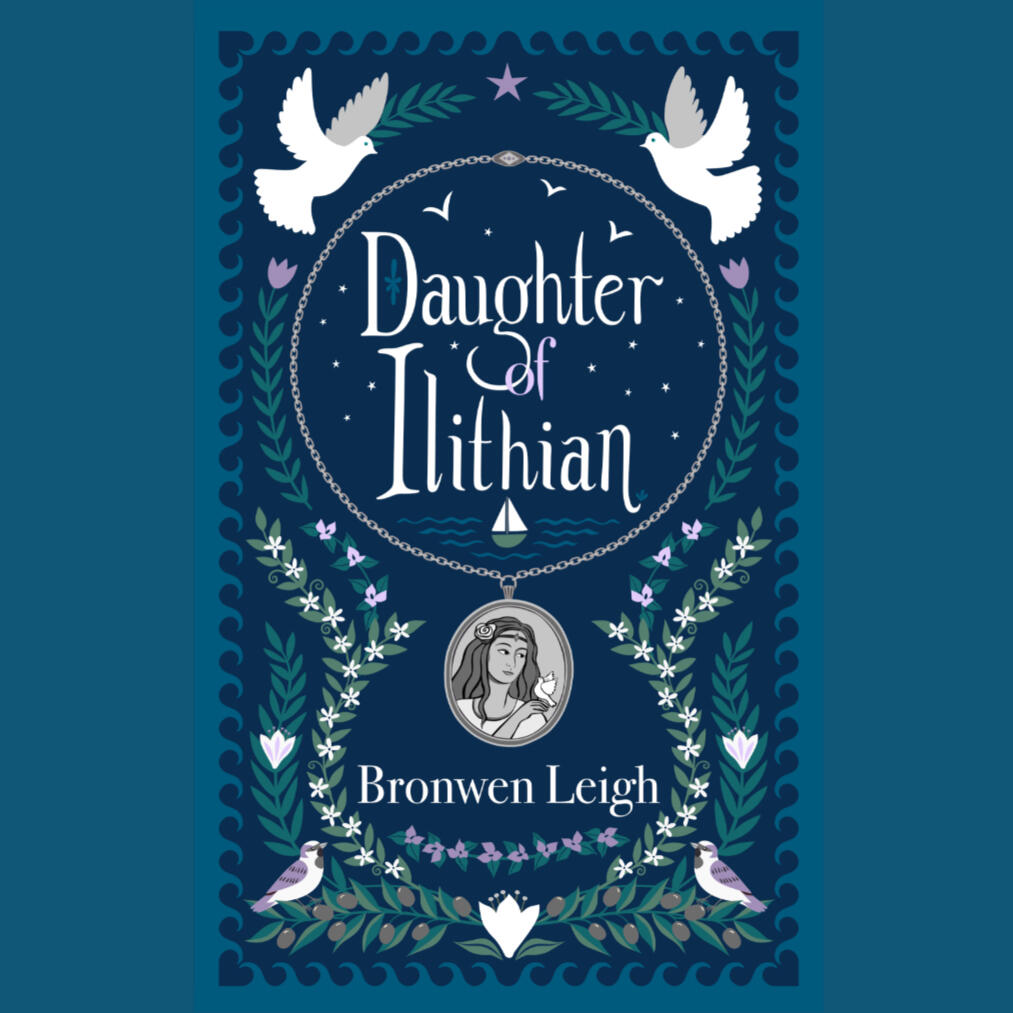 Book cover for Daughter of Ilithian, with a deep blue background and teal waves as a frame, there is a pendant depicting a goddess and flowers and birds from Ilithian.